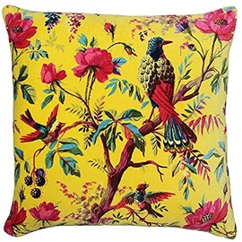 Riva Paoletti Paradise Square Cushion Cover - Yellow - Colourful Bird Print - Faux Velvet Fabric - Machine Washable - 100% Cotton - 50 x 50cm (20" x 20" inches) - Designed in the UK