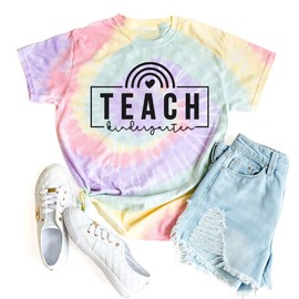 UYIQL Kindergarten Teacher Shirt for Women First Day of Kindergarten Shirt Back to School Gift Ranibow Print Tee Tie Dye XL
