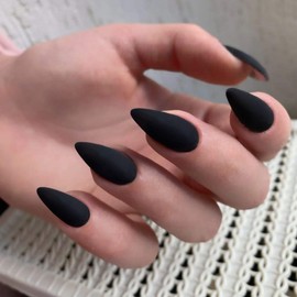 Matte Black Press on Nails Almond Shaped Medium Almond Nails Press on Neutral Acrylic Nails Reusable Fake Nails for Women, Glue on Nails Medium Length Stiletto False Nails Soft Gel Artificial Nails