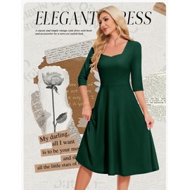 Berylove Cocktail Dress Women's Elegant Vintage Dress Rockabilly Dresses Sweetheart Neck Midi Evening Dress, Long-sleeve-dark green