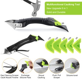 Caulking Tool 5 in 1 Silicone Caulking Grout Removal Sealant Finishing Tool with Grout Scraper, 6 Exchange Silicone Pads, Adhesive Residue Scraper Seam Repair Kit for Kitchen Bathroom