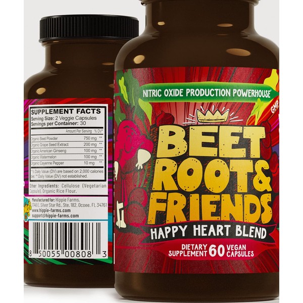 USA Grown Beet Root Powder - Nitric Oxide Production and Blood Pressure Support - Super Friends Happy Heart Blend with Grape Seed Extract & Ginseng