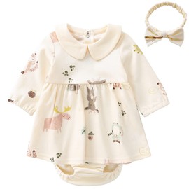 pureborn Baby Girl Dress Infant Long Sleeve Peter-pan Collar Spring Fall Cotton Playwear Dresses Beige 9-12 Months