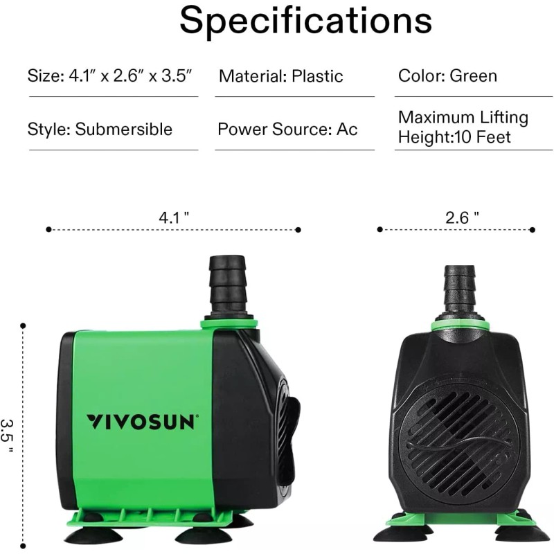 VIVOSUN Water Pump Hydroponics Pond Fountain Aquariums Submersible Fish Tank