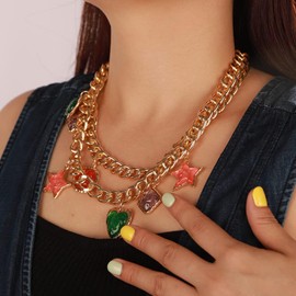 Kercisbeauty Heart Star Cute Pendant Chunky Chain Necklace Colorful Choker for Women Girls Miami Cuban Link Necklace (Gold)