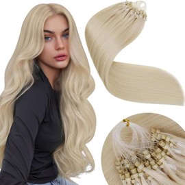 LaaVoo Blonde Micro Beads Hair Extensions Real Human 22 Inch Remy Straight Platinum Blonde Invisible Micro Loop Hair Extensions 50g 50s #613