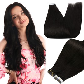 Full Shine Black Tape in Hair Extensions Human Hair Color 1B Off Black Tape in Extensions Remy Seamless Skin Weft 20Inch Brazilian Extension 100G 40Pcs for Bridal Hairstyles