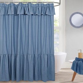 DOSLY IDÉES Ruffled Farmhouse Shower Curtain,Blue Fabric,Country and Chic Style,72x72 in
