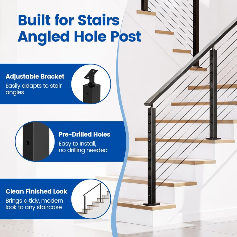 Muzata Black Stair Cable Railing Post 36 Inch for 25-35