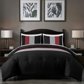 Chezmoi Collection Briar 7-Piece Queen Bed in a Bag Comforter Set with Sheets - Lightweight Comforter Black Gray White Luxury Pleated Stripe Bedding Set for All Season