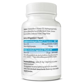 Zelltuning Vitamin D3 vital mushroom multi-complex, vitamin D 20,000 IU per depot capsule, vitamin D3 in a multi vital mushroom matrix. 120 vitamin D capsules.
