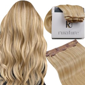 RUNATURE Clip in Hair Extensions Real Human Hair Golden Blonde Highlight Clip on Extension 18 Inch 50 Gram 3pcs