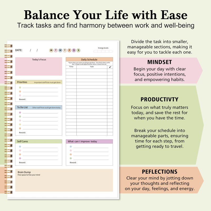 ADHD Daily Planner with Hard Cover & Colorful Sheets Inside,Productivity