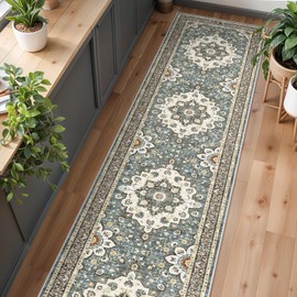 Washable Oriental Hallway Runner Rug - 3x16 Rugs for Living Room Soft Carpet for Bedroom Kitchen Waterproof Floral Distressed Indoor Stain Resistant Non-Shedding Floor Carpets (Blue, 3X16)