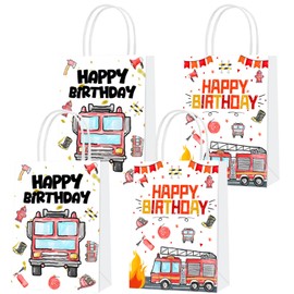 16pcs Fire Truck Party Favor Bags, Watercolor Firetruck Boy Birthday Party Favor Bags with Handles for Fire Engine Fireman Theme Decorations
