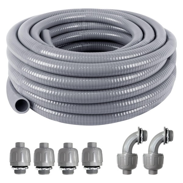 1-1/4inch 25FT Electrical Conduit Kit,with 4 Straight and 2 Angle Fittings Included,Flexible Non Metallic Liquid Tight Electrical Conduit(1-1/4" Dia, 25 Feet)
