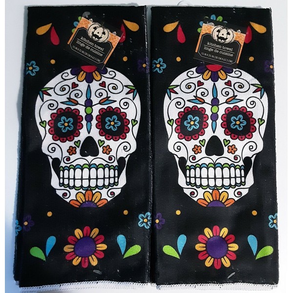 2 Day Of The Dead Halloween Sugar Skull Hand Towels 15”x25”