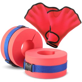 Hungdao Water Aerobics Set for Aquatic Exercise 1 Pair Swimming Glove 2 Pcs Foam Swim Aquatic Cuffs Water Weights Pool Resistance Fitness Equipment for Swimming Training Water Workouts (Red)