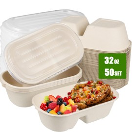 TINSKY 50 Pack Paper Meal Prep Containers 32 Oz Paper Bowls with Lids Large Deep Rectangle Disposable Food Containers for Burrito, Nacho, Salad, Pasta (32 oz 2 Compartment)
