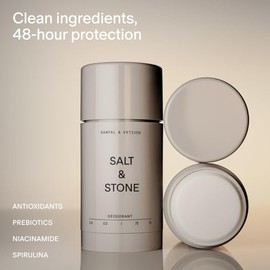 SALT & STONE Desodorante sin aluminio | Protección extra fuerte de 48 horas para mujeres y hombres | Fabricado con extractos de algas marinas, niacinamida y prebióticos (Santal y Vetiver)