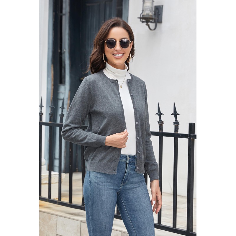 BERESIA Women's Cardigan with Buttons Classic Crew Neck Elegant, darkgray