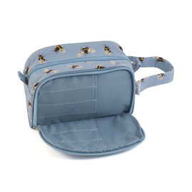 Hobby Gift Crochet Bag - Yarn Storage with Eyelet - Zippered Pocket for Crochet Hooks - 100 Cotton 12 x 22 x 13cm - Blue Bee