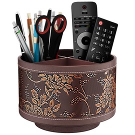 Thipoten Remote Control Holder, Faux Leather 360° Art Supply Organizer, Multi-Functional Caddy for Remote Controllers, Office Supplies, Perfect Space Saver for End Table/Nightstand/Office Desk(Retro)