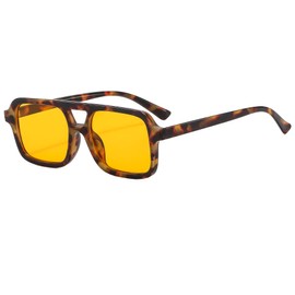 Long Keeper 70s Square Pilot Sunglasses for Women Men Retro Rectangle Sunglasses Vintage Trendy Small Double Bridge Sunglasses UV400 Protection (Leopard Orange)