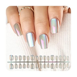 JODSONE Pink Gold Metal Chrome Magic Mirror Press On Nails - Metallic Mirror Effect, Square Stick On Nails Reusable, High Gloss for Women DIY