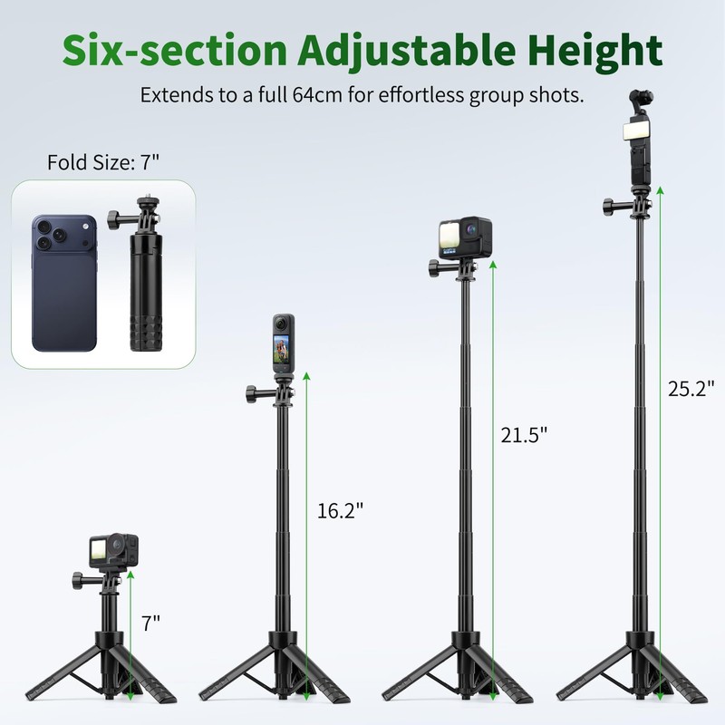 JOILCAN 25.2" Selfie Stick Tripod, Action Camera Vlog Tripod, Portable