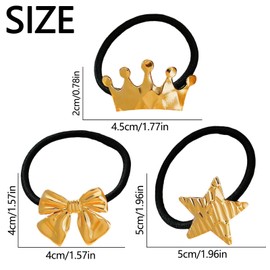 Gold Hair Ties Metal Hair Ties for Thick Hair, Ponytail Holders Star Bow Crown Shape Design, Ponytail Cuff Elastic Hair Ties No Damage Hair Accessories Valentine Gift 3 PCS
