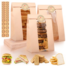 100 Pcs Paper Bread Bags for Homemade Bread, Kraft Sourdough Bread Bags with Window, Sourdough Storage Bread Bags for Bread Packaging includes Cute Seal Stickers