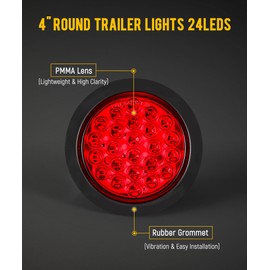 Partsam 12Pcs 4 Inch Round Led Trailer Tail Lights Kit Red 24 LED Waterproof 4" Brake Stop Turn Tail Marker Trailer Lights Sealed Flush Mount for Truck RV Boat UTE UTV 12V Grommet Plug Included