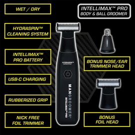 MANGROOMER INTELLIMAX PRO Body and Ball Groomer, Groin Trimmer for Men, Electric Ball Shaver, Pubic Trim, with Free Bonus Foil Included and Free Nose Trimmer Replacement Head