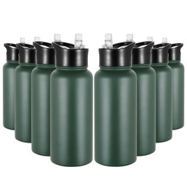 VQRRCKI 32 oz Insulated Water Bottle Bulk 8 Pack, Stainless Steel Sports Water Bottles with Straw Lid & Wide Mouth Lids, Double Walled Vacuum, Leak Proof, Dark Green
