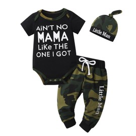 Tinykeke Newborn Baby Boy Clothes Infant Letter Print Short Sleeve Romper + Hat +Pants 3pcs Summer Outfits Sets (3-6 Months) Camo and Black