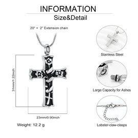 Minicremation Rope Winding Cross Cremation Ashes Urn Pendant Necklace Memorial Keepsake Jewelry Lord’s Prayer Cross Ashes Necklaces (Silver&Black)