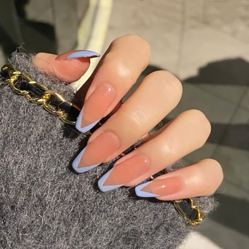 24pcs Medium Length Fake Nails French Light Blue Nude Pink