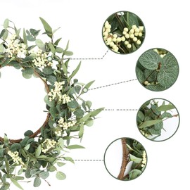 Artificial Eucalyptus Wreath, 50 cm/20 Inches, Spring Summer Wreaths with White Berries Wreath, Green Spring/Summer Wreath for Window, Wedding, Farm, Patio, Garden, Party Decor