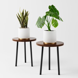 SAKSUN Indoor Plant Stand, 2 Pack 14" Tall Plant Stands, Corner Small Round Table, Mid Century Modern Plant Stands for Patio Garden Office Living Room Home Decor- (Walnut)