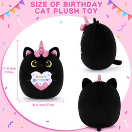 11.6 inch Black Cat Plush Stuffed Black Cat Cute Plush Birthday Stuffed Animal Happy Birthday Kitten Plush Doll Cartoon Cat Plush Hugging Pillow Plush Gift for Girls Boys Birthday Plushies Doll