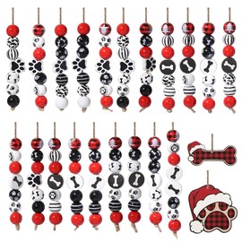 24pcs Christmas Wood Beads Hanging Decorations -16mm Painted Dog Theme Wood Bead Hanging Decor with Wooden Dog Bones & Wooden Santa, Kennel Christmas Tree Decorations for Xmas Tree Party Decor
