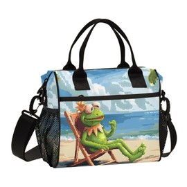 Pixel Art Of Kermit The Frog Relaxing on The Beach Lunch Bag Women Cooler Bags Lunch Tote Bags for Men Reusable Insulated Lunch Box Crossbody with Shoulder Strap Leakproof Work Picnic S
