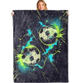 MIEPOS Neon Soccer Sport Throw Blanket, 50x60in, Soft, Lightweight Flannel,Cool Black Background with Electric Green and Blue Grunge Balls Blankets, Gifts for Boys Teens, for Home Living Room Decor