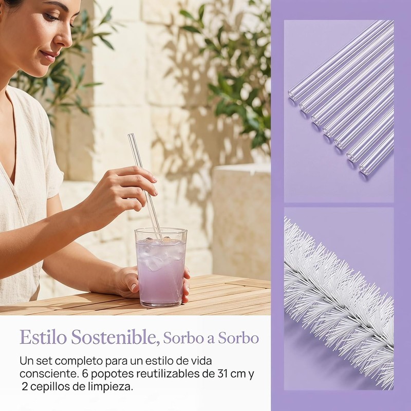 6 Popotes Reutilizables para Vaso con 2 Cepillos Limpiadores, Pajitas