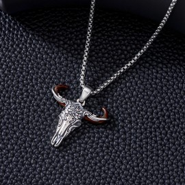 Bull Skull Necklace for Men S925 Sterling Silver Wooden Western Necklace Bull Skull Pendant Jewelry Gifts Husband Dad Father's Day