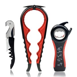 Abrelata de Cocina y Hogar Multifuncional, Kit de Abridor de Botella y Abridor de Vino Fácil de Usar, Incluye Abridor de Tarros 4 en 1, Abridor de Botellas 5 en 1 y Sacacorchos de Camarero(Rojo+Negro)