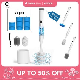 CAKILA 10-in-1 Electric Toilet Scrubber Kit – Auto Pop-Up Brush Heads, 2 Splash-Proof Modes, Ultra Lightweight Bowl Cleaner with Disposable & Holder, Bathroom Accessory, Home Essentials Restroom Bathroom Cleaning Tool,  Cleaning Supplies - Color: home ed
