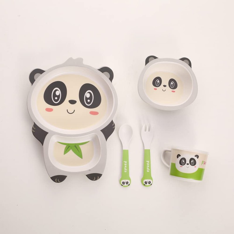 Fekdod Kids Dinnerware Set Bamboo 5 Pcs with Plate Bowl