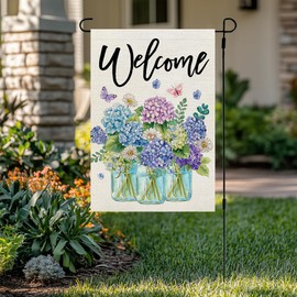 CROWNED BEAUTY Spring Garden Flag Hydrangea Mason Jars Double Sided 12x18 Inches Small Burlap Welcome Holiday Seasonal Yard Decoration for Outside Porch CF1759-12